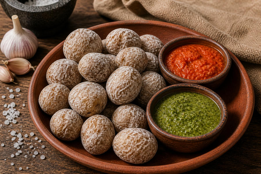 Taimsed lihapallid koos punase ja rohelise kastmega, ideaalne vegan ja taimetoidu valik Tenerife saa.