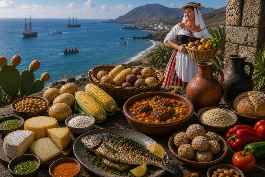 Traditsiooniline Kanari toidulaua vaade Tenerife saarel, koos värviliste köögiviljade ja mereandideg.